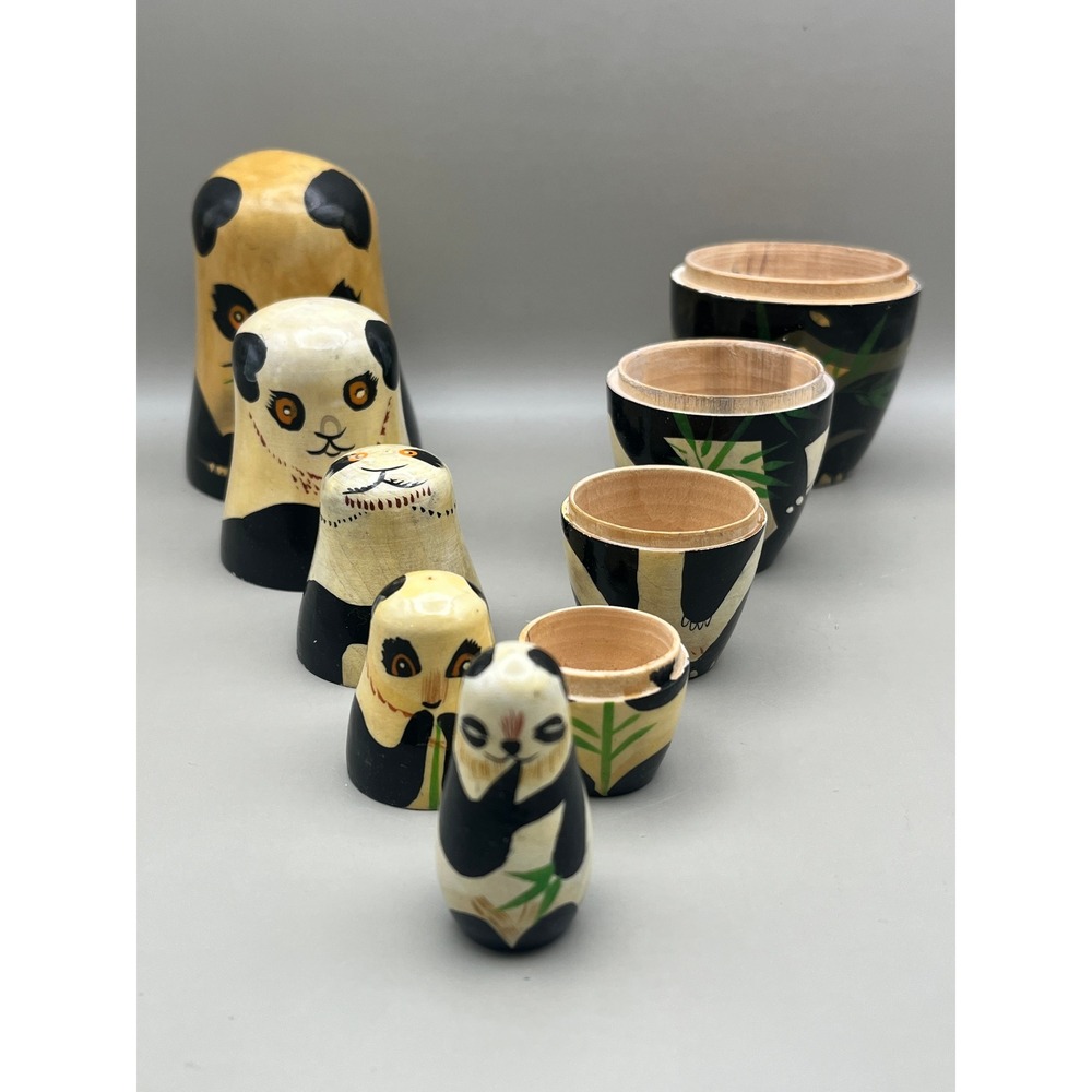 Vtg Panda Bear Wooden Nesting Dolls Matryoshka Set 5 Piece Hand Painted 5.5"